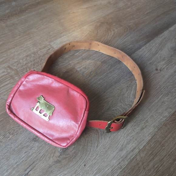 Vintage Swiss Appenzeller Red Leather Belt with Fanny Pack Pouch Brass Cows